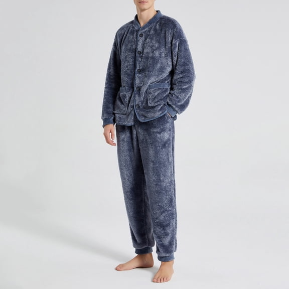 ALLLIST Flannel Pajamas for Men Set Big And Tall with Pockets Sleepwear Solid Long Sleeve Tops & Bottom Blue Pjs Sets Mens Pajamas L-2XL