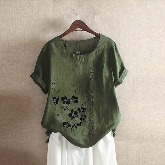 ALLLIST Floral Dressy Tops for Women Green Short Sleeve Crew Neck Embroidery Blouses Casual Button Ladies Tops and Blouses