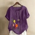 thumbnail image 1 of ALLLIST Floral Ladies Tops Short Sleeve Crew Neck Purple Cotton and Linen T-Shirts Spring Blouse, 1 of 4