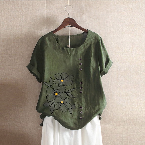 ALLLIST Floral Ladies Tops Short Sleeve Green Crew Neck Embroidery Button Casual Blouses Ladies Tops and Blouses
