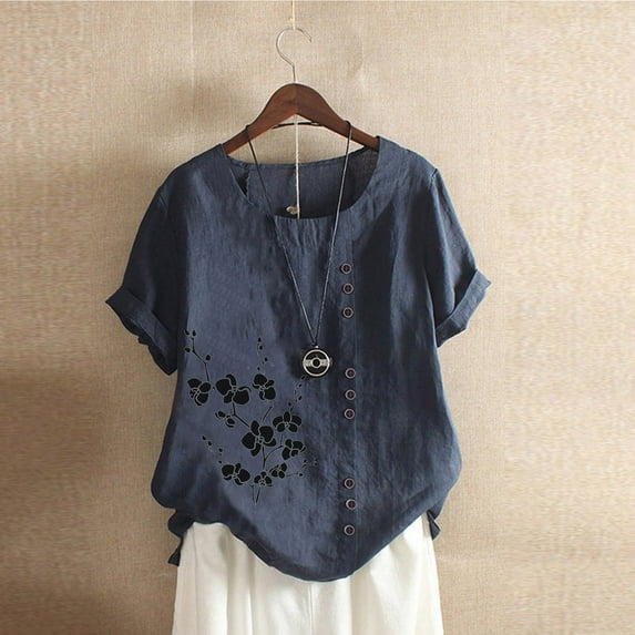 ALLLIST Floral Spring Tops Blue Short Sleeve Crew Neck Embroidery Blouses Button Casual Womens Shirts Clearance