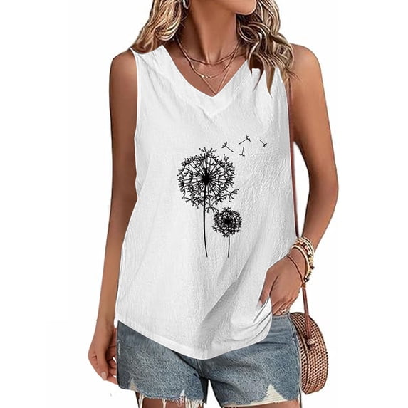 ALLLIST Floral Tops for Women Trendy Sleeveless White V-Neck Casual Cotton and Linen Printed T-Shirts Blouses for Women