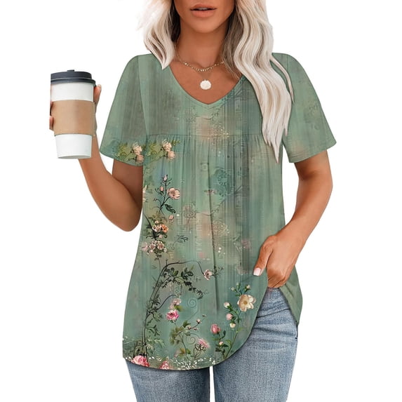 ALLLIST Floral Womens Tops V Neck Short Sleeve Blouse Green Pleated Drop Shoulder Pullover Ladies Tops