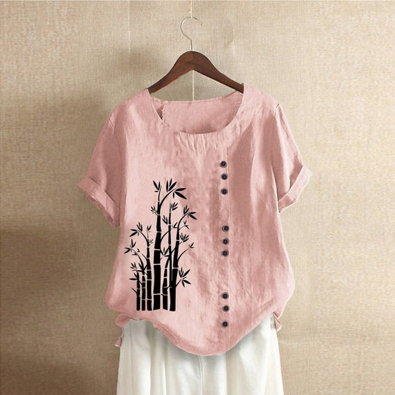ALLLIST Floral Womens Workout Tops Pink Crew Neck Short Sleeve Embroidery Casual Button Blouses Dress Blouses for Women