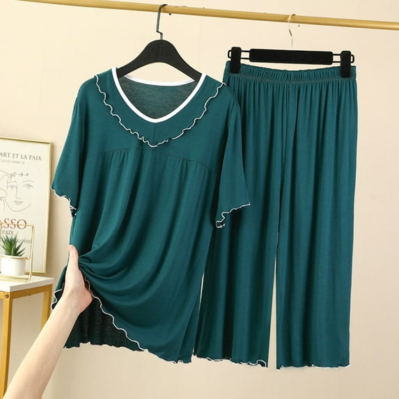 ALLLIST Flounce Girls Pajamas Casual Solid Green Crew Neck Sleepwear Sets Short Sleeve Modal Plus Size Sleepwear