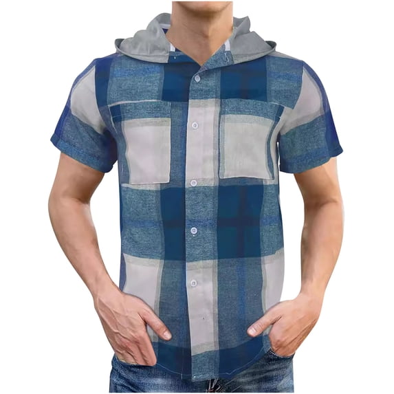 ALLLIST Going Out Tops for Men Blue Short Sleeve Crew Neck Plaid with Pocket Casual T-Shirts Button Polo T Shirts for Men