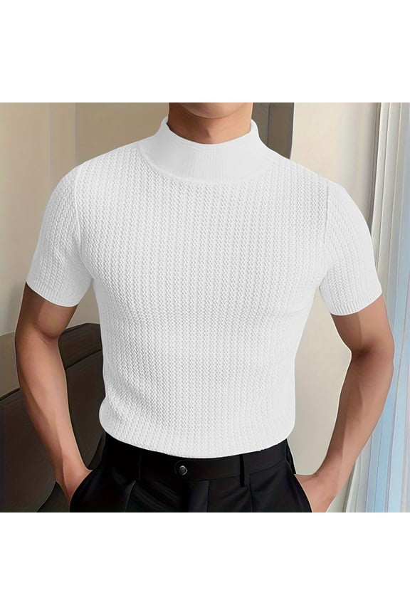 Going Out Tops for Men White High Neck Short Sleeve Solid T-Shirts Breathable Casual Ribbed Pullover Polo T Shirts for Men