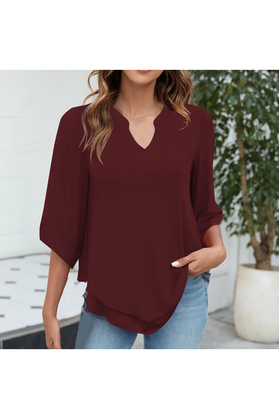 Going Out Tops for Women Red Elbow-Length Notch Neck Solid T-Shirts Tshirt Dress Women