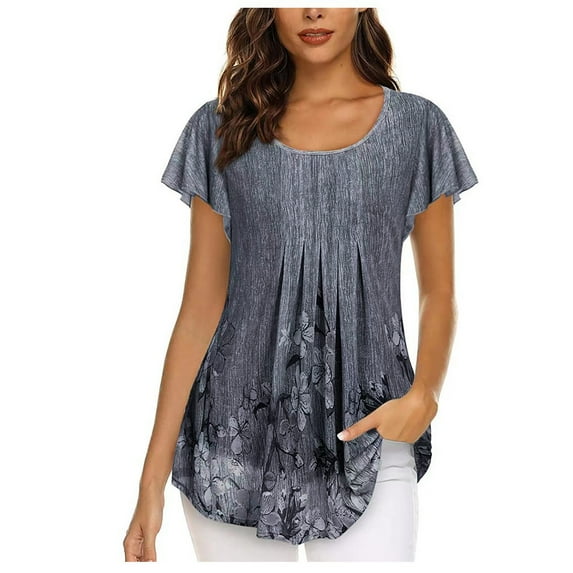 ALLLIST Going Out Tops for Women Scoop Neck Short Sleeve Gray Graphic Pleated Casual T-Shirts Blouses for Women