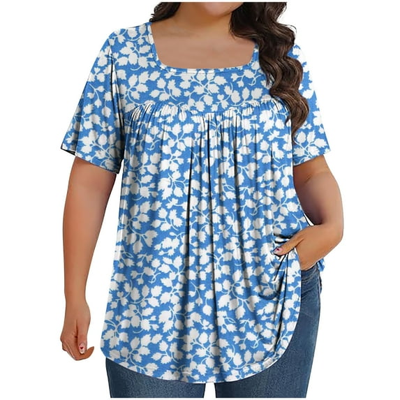 ALLLIST Going Out Tops for Women Short Sleeve Square Neckline Floral Blue Pleated Oversized Printed Blouses Spring Blouses