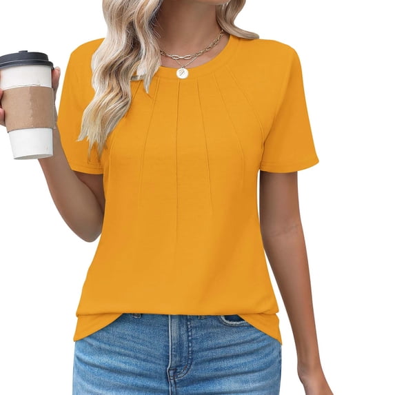 ALLLIST Gold Womens Summer Tops Short Sleeve Solid Crew Neck Pleated Pullover T-Shirts Casual Blouses for Women Dressy Casual