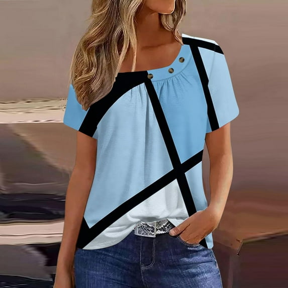 ALLLIST Crew Neck Going Out Tops for Women Short Sleeve Graphic Blue T-Shirts Casual Blouses for Women
