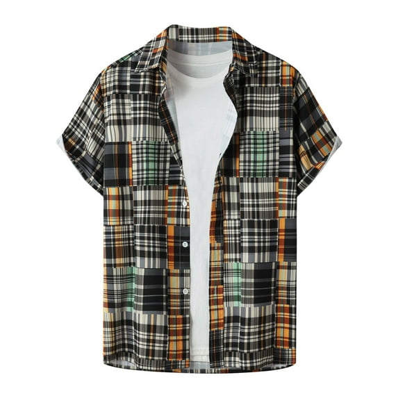 ALLLIST Gray Casual Tops for Men Short Sleeve Collared Plaid T-Shirts Button Casual Loose Printed Mens Shirts