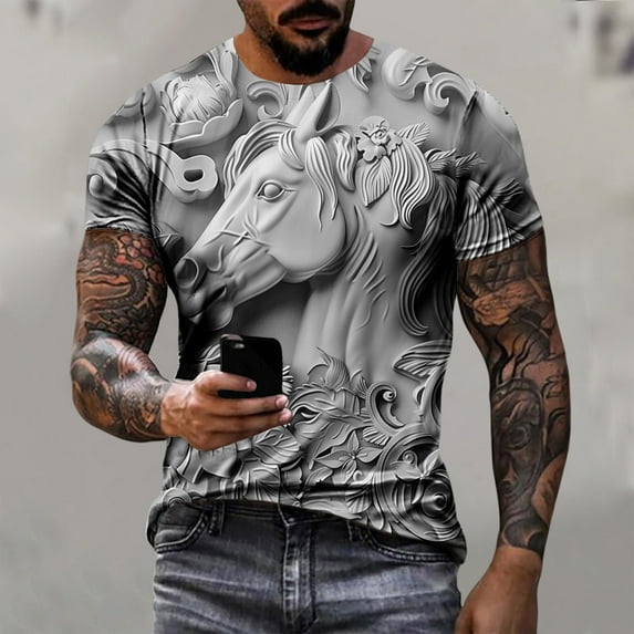 ALLLIST Gray Going Out Tops for Men Short Sleeve Crew Neck Horse Gift Graphic Printed T-Shirts Loose Men's T-Shirts