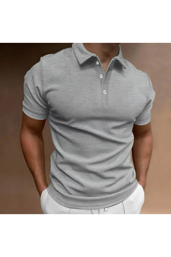 Gray Tops for Men Collared Short Sleeve Solid Breathable Fitness Casual T-Shirts Mans Tees