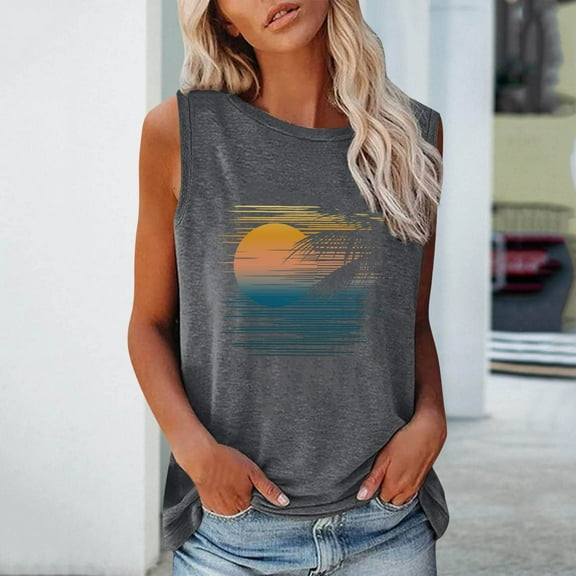 ALLLIST Gray Trendy Tops for Women 2024 Crew Neck Printed Graphic Sleeveless Tank Tops Tank Tops Women L