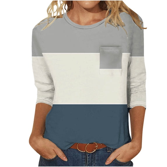 ALLLIST Gray Womens Summer Tops Geometric Crew Neck Pocket 3/4 Sleeve T-Shirts Blouses & Button-Down Shirts XXL
