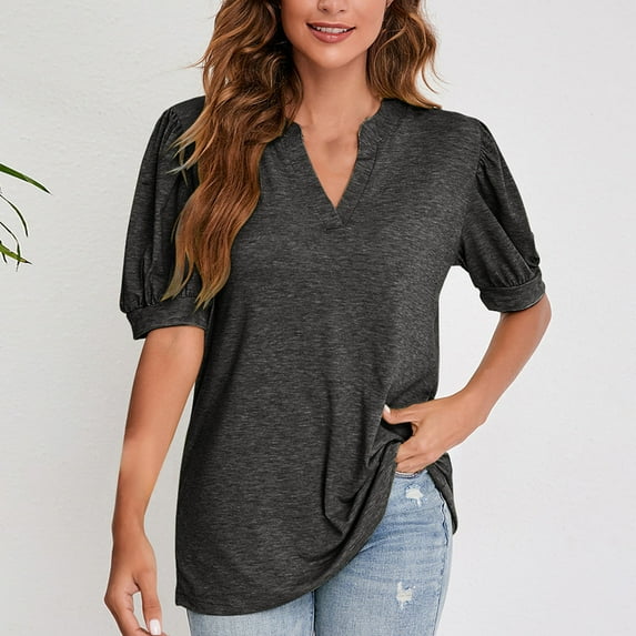 ALLLIST Gray Womens Tops Clearance Solid Notch Neck Elbow-Length T-Shirts Blouses & Button-Down Shirts