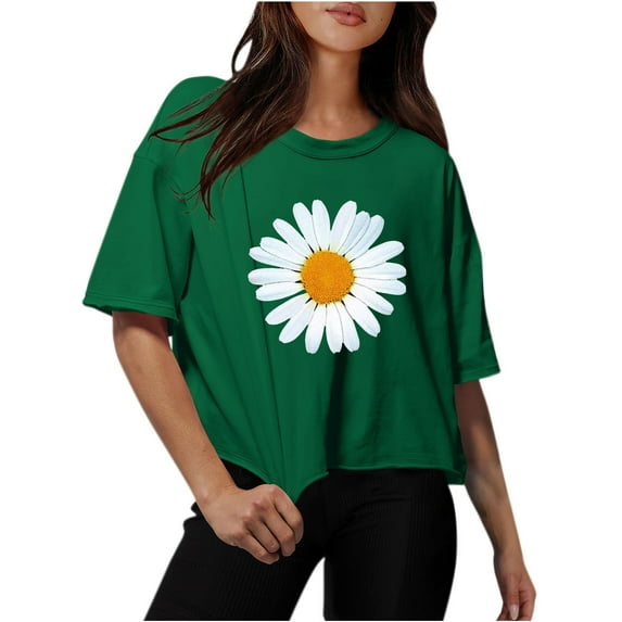 ALLLIST Green Cute Summer Tops for Women Floral Short Sleeve Crew Neck Casual T-Shirts Blouses for Women XL