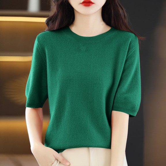 ALLLIST Green Cute Summer Tops for Women Solid Elbow-Length Crew Neck T-Shirts Womens Shirts
