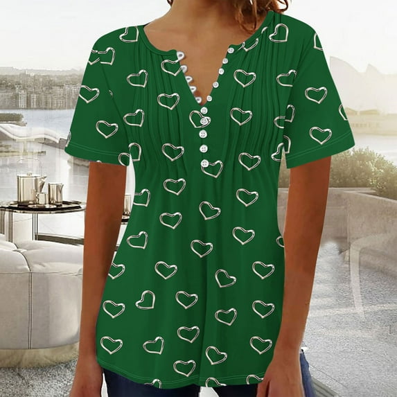 ALLLIST Green Cute Summer Tops for Women V-Neck Short Sleeve Graphic T-Shirts Button Casual Pleated Tees