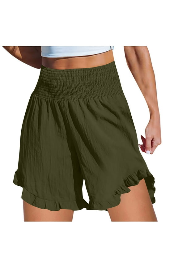 Green Ladies Shorts Wide-Leg High Short Solid Pleated Elastic Women's Skorts 100%Cotton Pleated XL