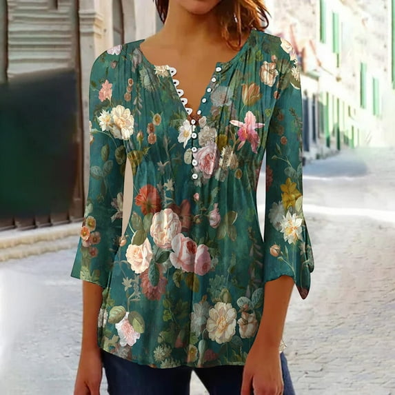 ALLLIST Green Spring Tops for Women 2024 Trendy 3/4 Sleeve Button Floral Notch Neck T-Shirts Spring Blouses