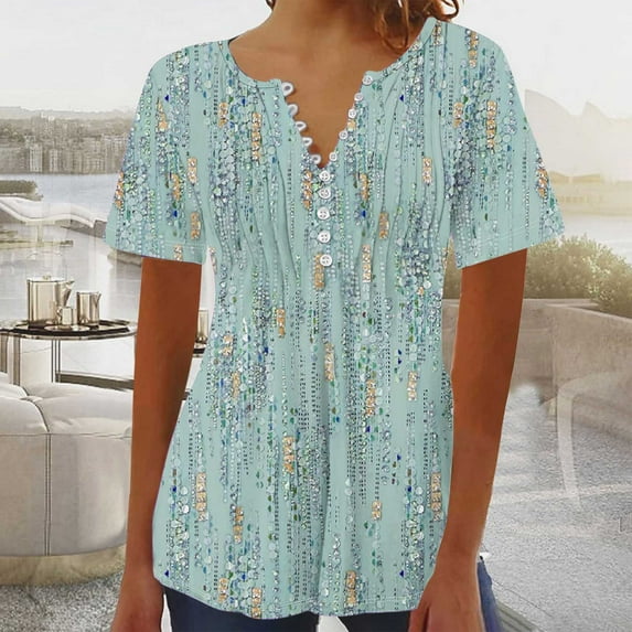 ALLLIST Green Womens Spring Tops Short Sleeve Button V-Neck Embellished Graphic T-Shirts Spring Blouse S