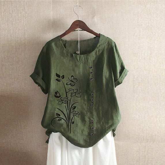 ALLLIST Green Womens Tops Casual Short Sleeve Floral Crew Neck Embroidery Blouses Casual Button Tees