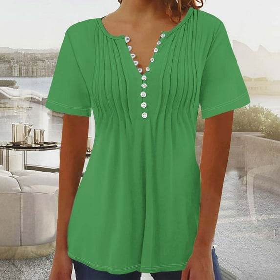 ALLLIST Green Womens Tops Clearance Under $10 Solid Button V-Neck Flounce Short Sleeve T-Shirts Womens Blouses Dressy Casual S