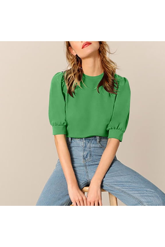 Green Womens Tops Summer Crew Neck Solid Short Sleeve Cropped T-Shirts Blouses XXL