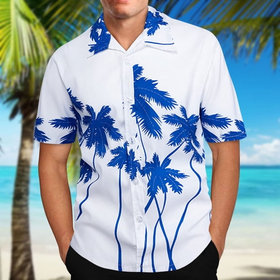 ALLLIST Hawaiian Men Shirts Collared Short Sleeve Button Down Shirts Casual Blue Mens Clothes