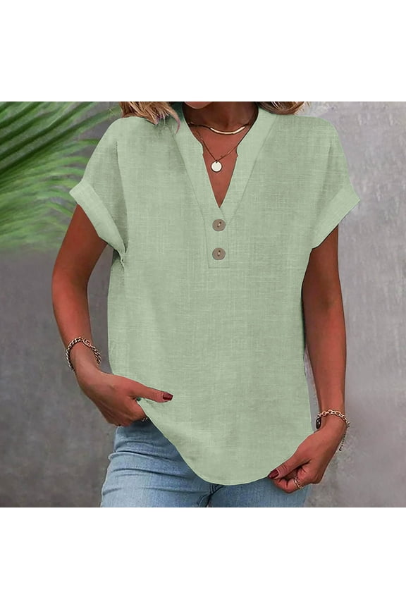 Henley Neck Women's Tops Short Sleeve Cotton Linen T Shirts Relaxed Fit Plain Green Blouse for Ladies