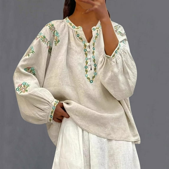 ALLLIST Henley Women's Tops Long Sleeve Cotton Linen Blouse Embroidery Beige Trendy Pullover Ladies Clothing