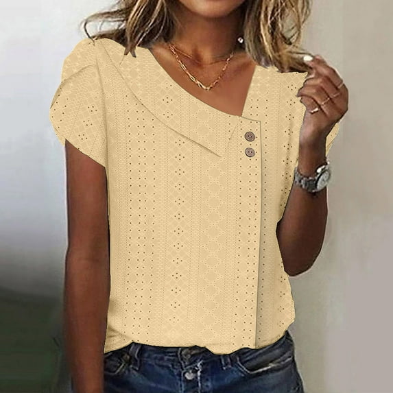 ALLLIST Henley Womens Tops Holiday Yellow Blouses Solid Short Sleeve Trendy Shirts Women's Clothing