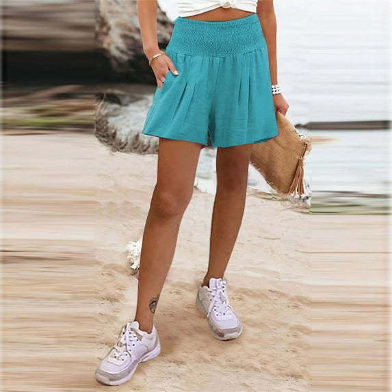 ALLLIST High Girls Shorts Short Blue Straight-Leg Solid Elastic Trousers Comfy with Pockets Girls Skorts 100%Polyester Trousers M