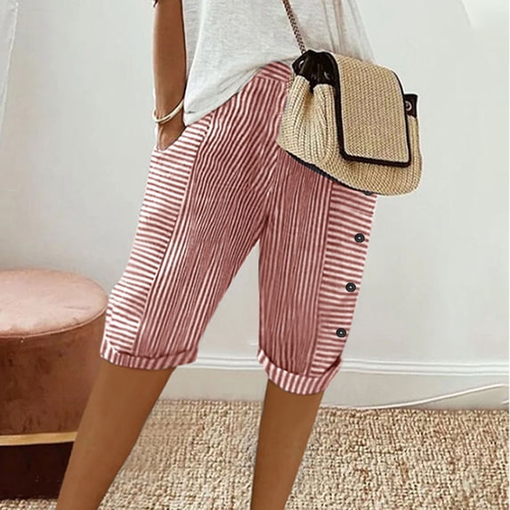 ALLLIST High Shorts Straight-Leg Red Ankle Striped with Pockets Button Trousers Cotton and Linen Girls Skorts Cotton Trousers S