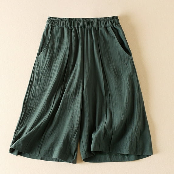 ALLLIST High Shorts for Women Short Green Wide-Leg Solid Comfy Trousers Elastic Cotton and Linen Skorts for Girls 60%Cotton,40%Linen Trousers L