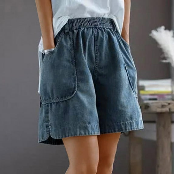 ALLLIST High Shorts for Women Trendy Blue Wide-Leg Short Solid with Pockets Trousers Elastic Skorts 100%Denim Trousers L
