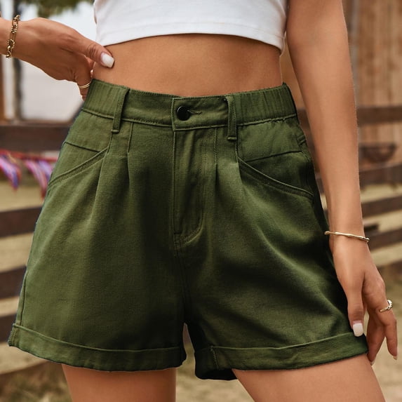 ALLLIST High Shorts for Women Trendy Short Green Wide-Leg Solid Jean with Pockets Button Elastic Capris for Women 100%Denim Jean L