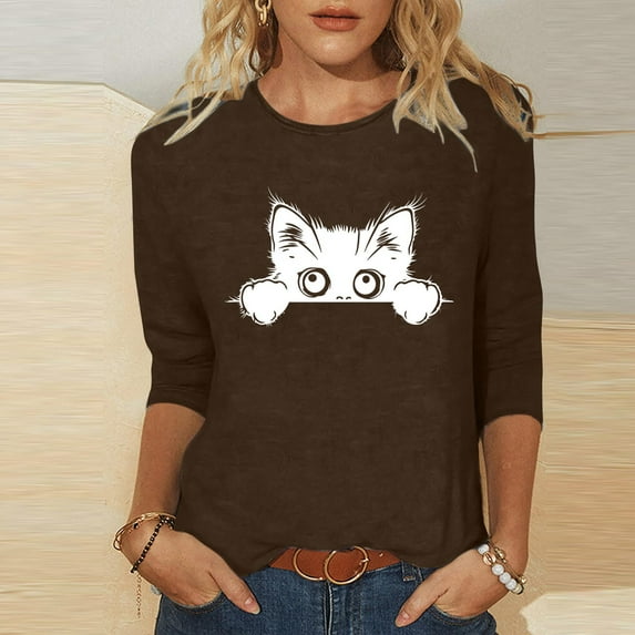 ALLLIST Holiday Tops for Women 3/4 Sleeve Crew Neck T-Shirts Casual Cat Graphic Brown Shirts for Women