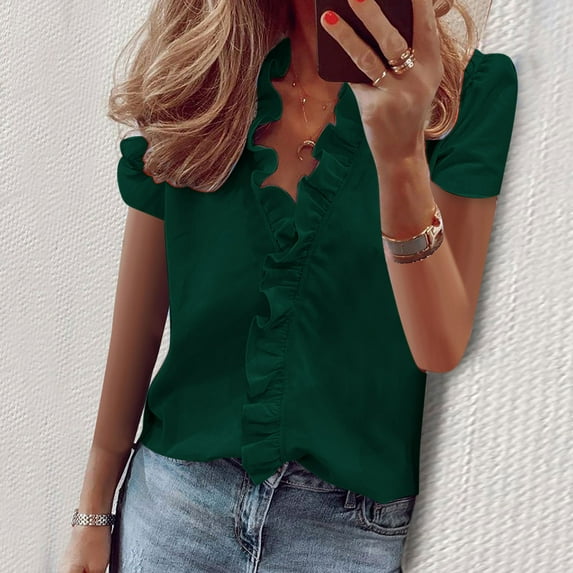 ALLLIST Holiday Tops for Women Short Sleeve V-Neck Blouses Plain Ruffle Green Shirts Tops for Ladies