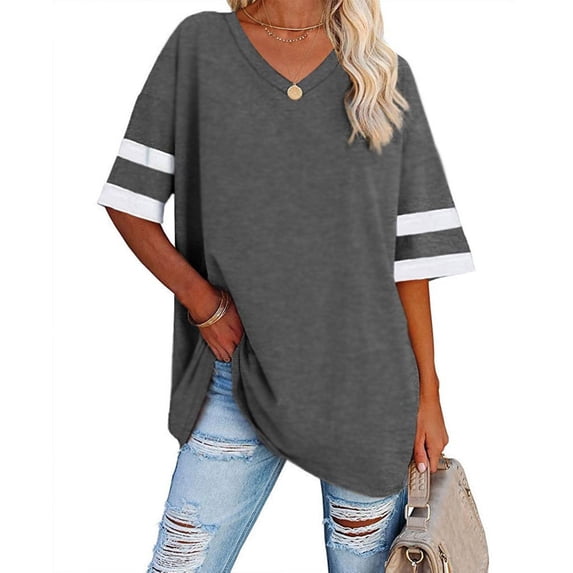 ALLLIST Holiday Tops for Women V Neck Short Sleeve T-Shirts Casual Color Block Gray Shirts Tops for Ladies