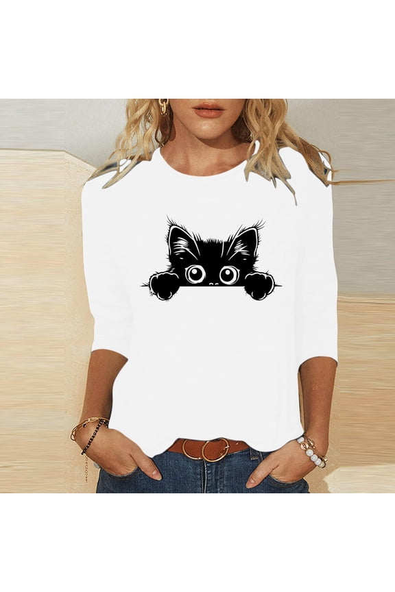 Holiday Tops for Women White Crew Neck T-Shirts Casual 3/4 Sleeve Cat Graphic Shirts Clothing for Women