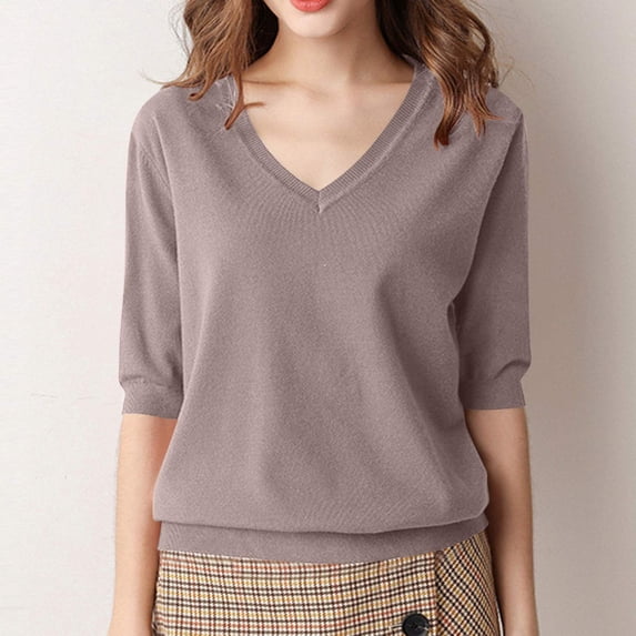 ALLLIST Holiday Women's Tops Elbow-Length V Neck T-Shirts Solid Brown Casual Sweaters Womens Clothing