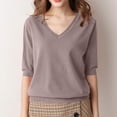 thumbnail image 1 of ALLLIST Holiday Womens Tops Elbow-Length V Neck T-Shirts Casual Brown Plain Sweaters Tops for Ladies, 1 of 7