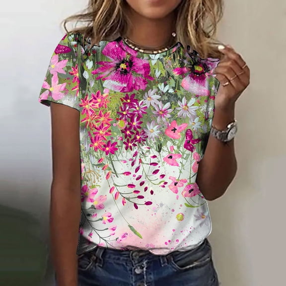 ALLLIST Holiday Womens Tops Short Sleeve Crew Neck T-Shirts Pink Floral Casual Shirts Ladies Tops