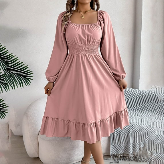 ALLLIST Ladies Dresses Ruffle Long Sleeve Midi A-Line Solid Pink Tummy Control Cocktail Dresses for Teens