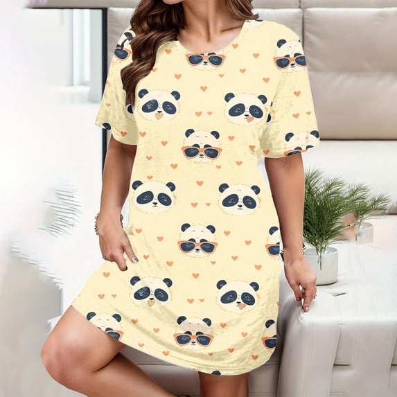 ALLLIST Ladies Nightgowns Yellow Short Sleeve Plus Size Sleep Dresses Animal Print Cozy Nightwear Women Loungewear