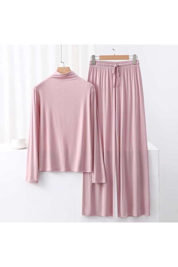Ladies Pajamas Long Sleeve High Neck Modal Tops And Pants Sets 2PC Pink Solid Comfy Loungewear Ladies